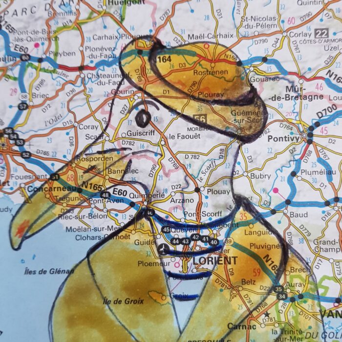 goéland jaune dessiné sur une carte routière